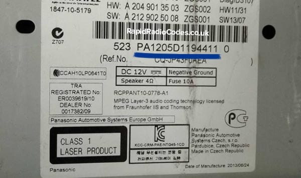 Mercedes Panasonic serial number starting with PA